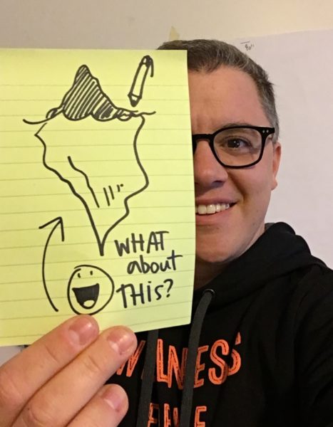 graphic facilitation drawing with diversity picture of sam bradd holding up a post it note with an iceberg on it