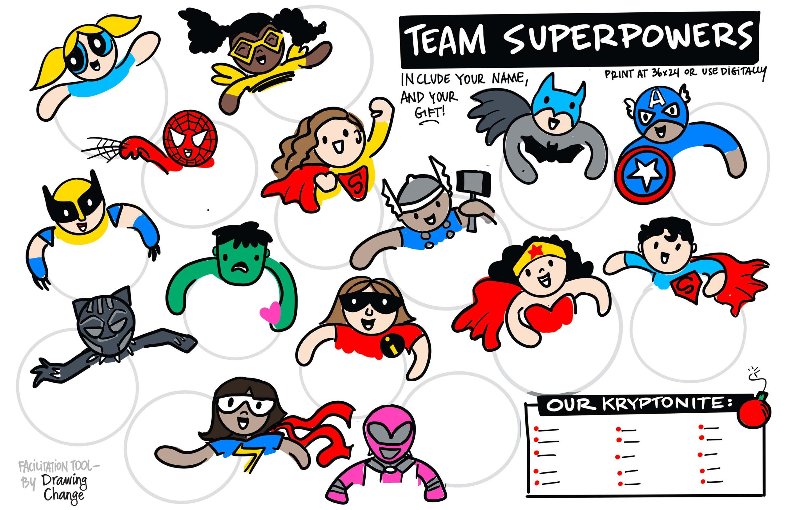 What are your super powers? what is your kryptonite? graphic facilitation template - by drawing change