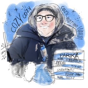 sam bradd graphic recorder with drawing change wearing a giant parka and fur mitts 